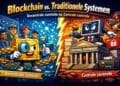Illustratie in crypto-karikatuurstijl die blockchain met decentrale controle vergelijkt met traditionele systemen met een centrale database en beheerder.