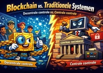 Illustratie in crypto-karikatuurstijl die blockchain met decentrale controle vergelijkt met traditionele systemen met een centrale database en beheerder.