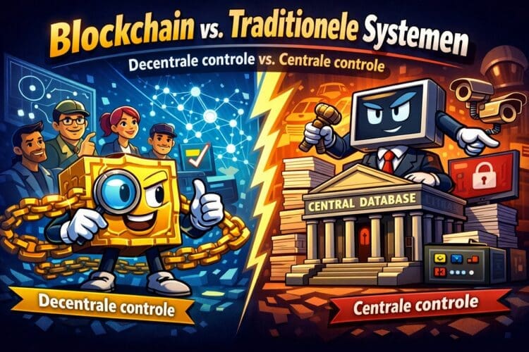 Illustratie in crypto-karikatuurstijl die blockchain met decentrale controle vergelijkt met traditionele systemen met een centrale database en beheerder.