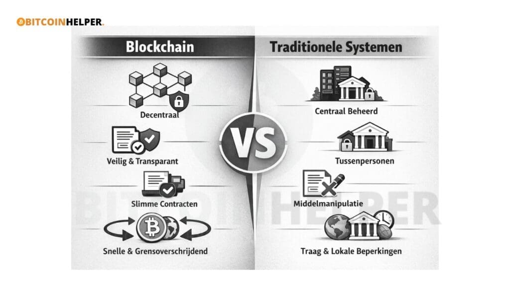 Zwart-wit infographic in liggend formaat die blockchain en traditionele systemen vergelijkt aan de hand van symbolen zoals netwerken, sloten, documenten en banken, met kenmerken als decentraal versus centraal beheer, transparantie versus tussenpersonen en snelheid versus lokale beperkingen.