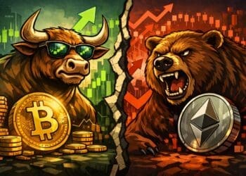 Illustratie van bull- en bearmarkten in crypto met stijgende en dalende markttrends