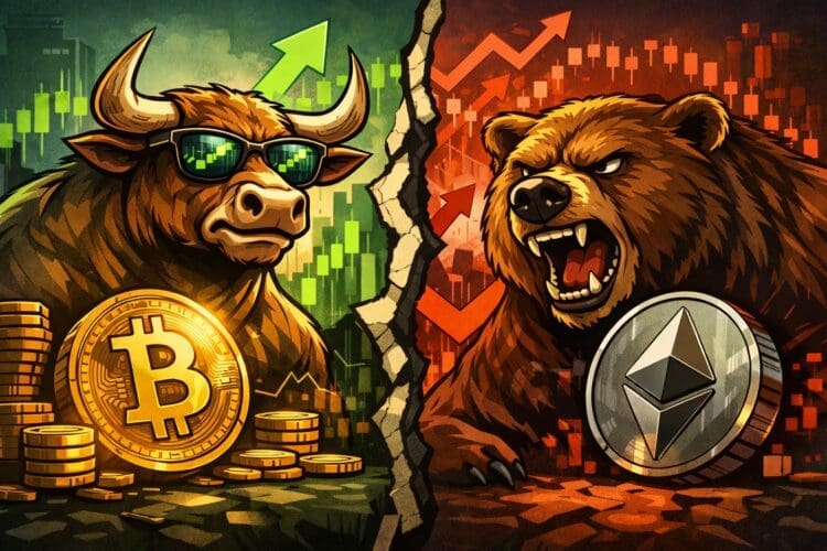Illustratie van bull- en bearmarkten in crypto met stijgende en dalende markttrends