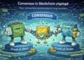 Crypto-karikatuur die laat zien hoe blockchainnetwerken via consensus gezamenlijk overeenstemming bereiken over transacties zonder centrale autoriteit.