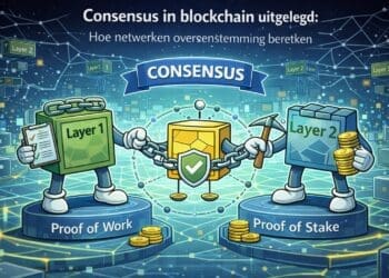 Crypto-karikatuur die laat zien hoe blockchainnetwerken via consensus gezamenlijk overeenstemming bereiken over transacties zonder centrale autoriteit.