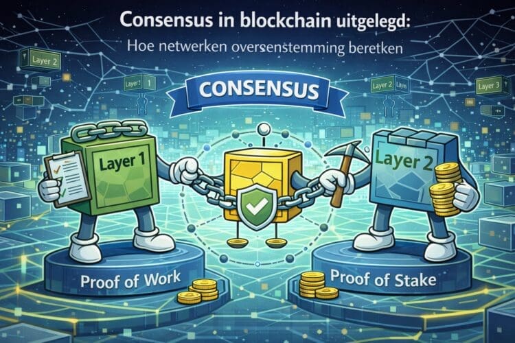Crypto-karikatuur die laat zien hoe blockchainnetwerken via consensus gezamenlijk overeenstemming bereiken over transacties zonder centrale autoriteit.
