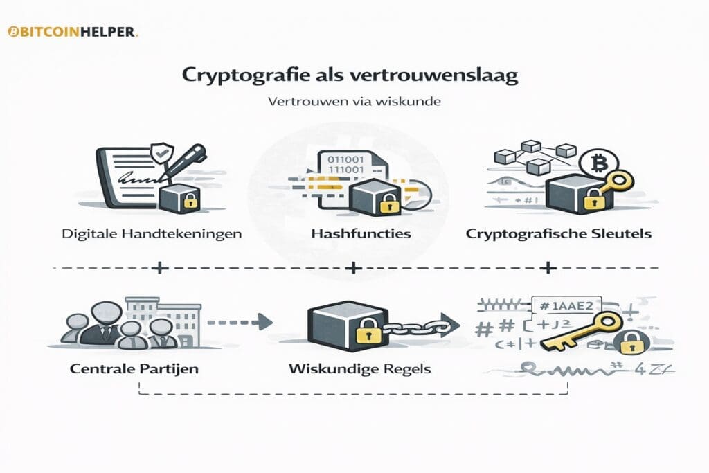 Zwart-witte landscape infographic van Bitcoinhelper die uitlegt hoe cryptografie fungeert als vertrouwenslaag binnen blockchain, met iconen voor digitale handtekeningen, hashfuncties en cryptografische sleutels, en laat zien hoe vertrouwen verschuift van centrale partijen naar wiskundige en verifieerbare regels.