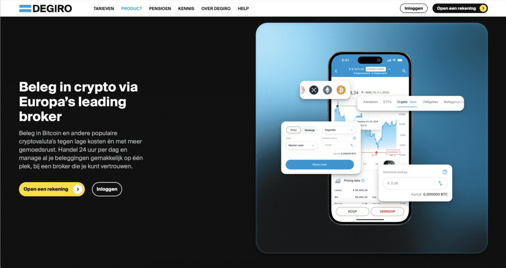 Weergave van de DEGIRO mobiele app met interface voor het kopen en verkopen van cryptocurrency