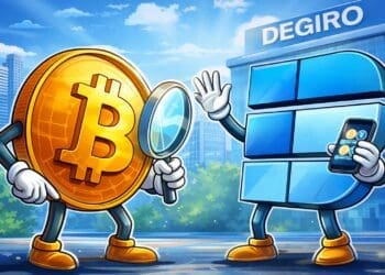 Cartoonachtige illustratie van Bitcoin en een online brokeromgeving als visuele ondersteuning bij een crypto review