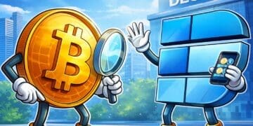 Cartoonachtige illustratie van Bitcoin en een online brokeromgeving als visuele ondersteuning bij een crypto review