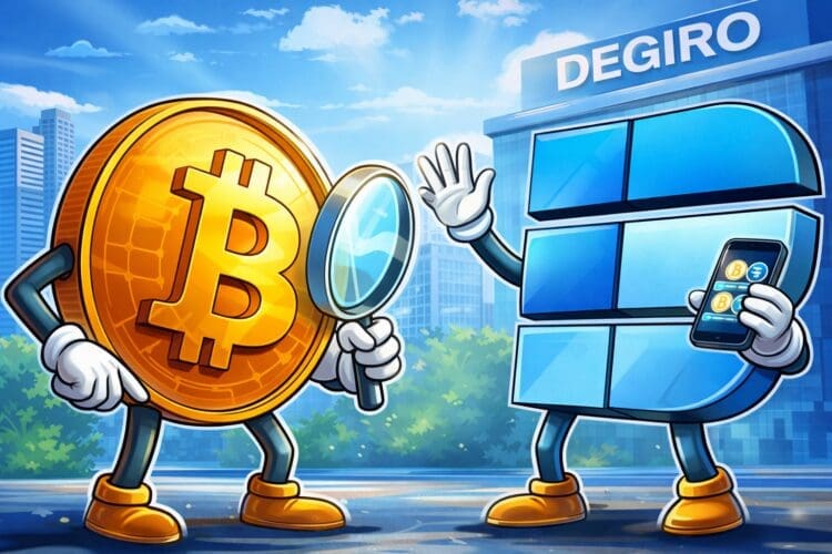 Cartoonachtige illustratie van Bitcoin en een online brokeromgeving als visuele ondersteuning bij een crypto review