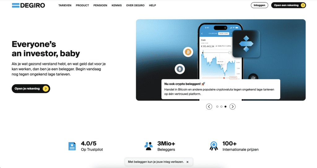 Homepage van DEGIRO met overzicht van het online beleggingsplatform en vermelding van crypto beleggen