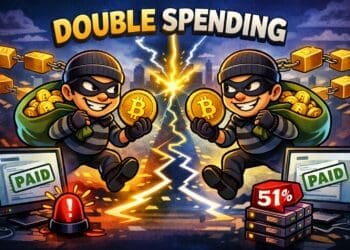 Illustratie van double spending in blockchain, waarbij een crypto-gebruiker probeert dezelfde digitale munt twee keer uit te geven, terwijl het blockchainnetwerk dit voorkomt