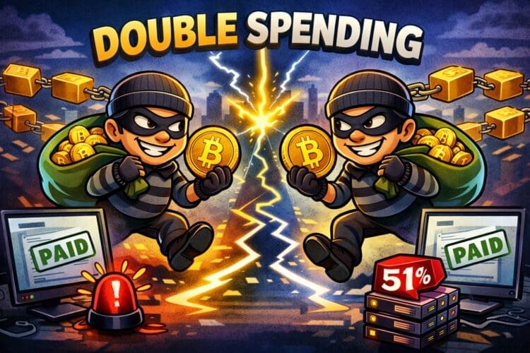 Illustratie van double spending in blockchain, waarbij een crypto-gebruiker probeert dezelfde digitale munt twee keer uit te geven, terwijl het blockchainnetwerk dit voorkomt
