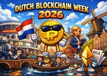 Karikatuurillustratie van Dutch Blockchain Week 2026 met Bitcoin en blockchainfiguren in Amsterdam, geïnspireerd op Cointelegraph-stijl