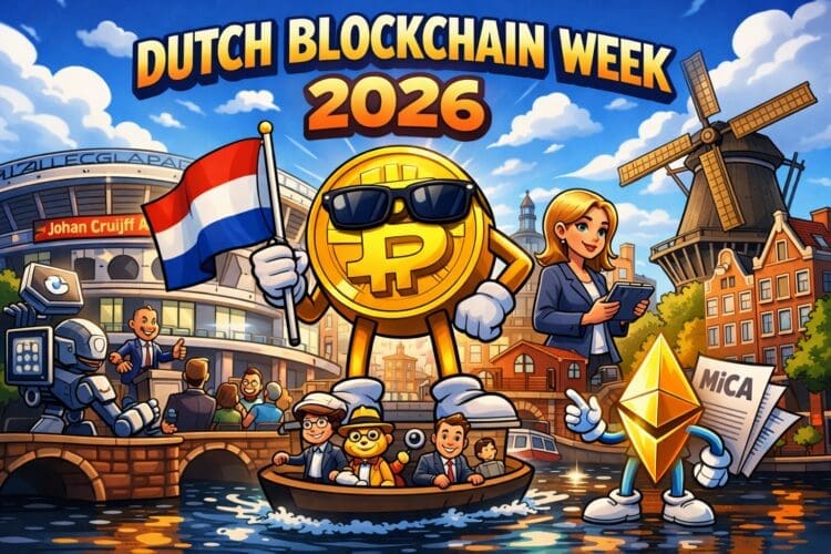 Karikatuurillustratie van Dutch Blockchain Week 2026 met Bitcoin en blockchainfiguren in Amsterdam, geïnspireerd op Cointelegraph-stijl