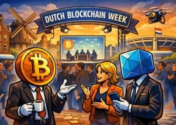Illustratie van een crypto-evenement in Amsterdam waar leden van de blockchain community elkaar ontmoeten tijdens Dutch Blockchain Week