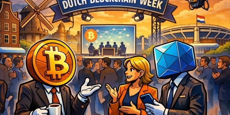 Illustratie van een crypto-evenement in Amsterdam waar leden van de blockchain community elkaar ontmoeten tijdens Dutch Blockchain Week