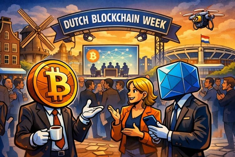 Illustratie van een crypto-evenement in Amsterdam waar leden van de blockchain community elkaar ontmoeten tijdens Dutch Blockchain Week