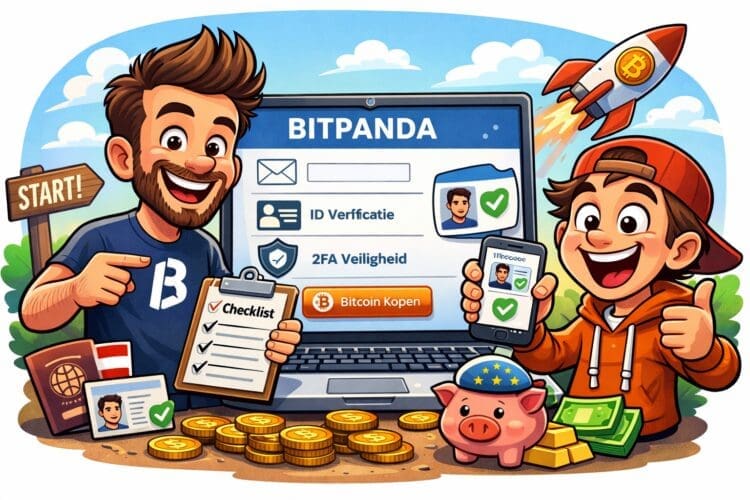 Crypto karikatuur van een gebruiker die stap voor stap een Bitpanda account registreert op een laptop, met bitcoin-, euro- en beveiligingssymbolen