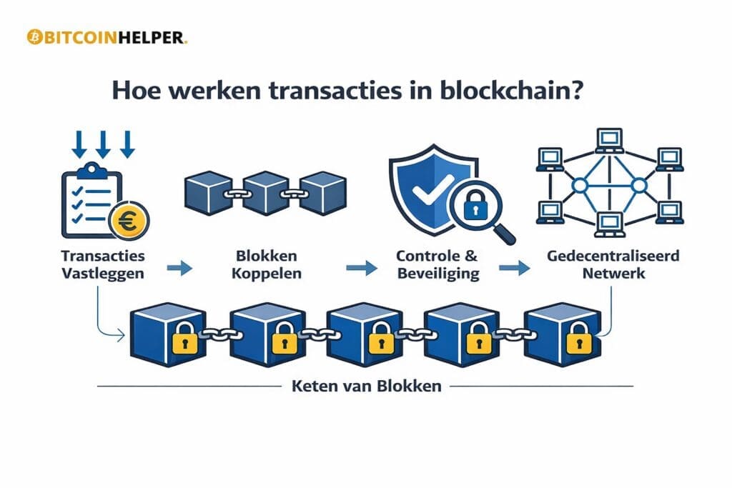 Infographic die stap voor stap laat zien hoe een blockchaintransactie werkt: van het aanmaken en ondertekenen van een transactie, via validatie door het netwerk, tot opname in een beveiligde keten van blokken binnen een gedecentraliseerd netwerk.