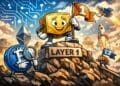 Karikatuurillustratie van een Layer 1 blockchain als fundament van het netwerk, met Bitcoin en andere blockchain-elementen die de basislaag van blockchaintechnologie symboliseren
