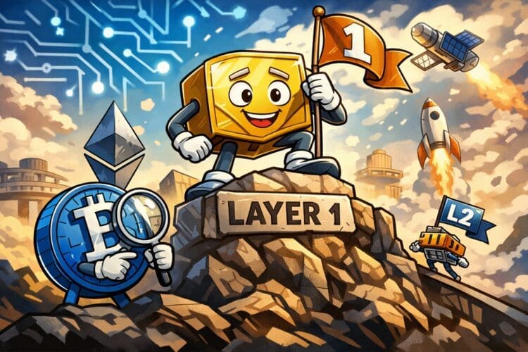 Karikatuurillustratie van een Layer 1 blockchain als fundament van het netwerk, met Bitcoin en andere blockchain-elementen die de basislaag van blockchaintechnologie symboliseren