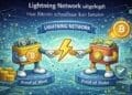 Crypto-karikatuur die laat zien hoe het Lightning Network snelle en goedkope Bitcoin-betalingen mogelijk maakt via off-chain betalingskanalen bovenop de Bitcoin-blockchain.