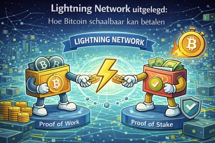 Crypto-karikatuur die laat zien hoe het Lightning Network snelle en goedkope Bitcoin-betalingen mogelijk maakt via off-chain betalingskanalen bovenop de Bitcoin-blockchain.