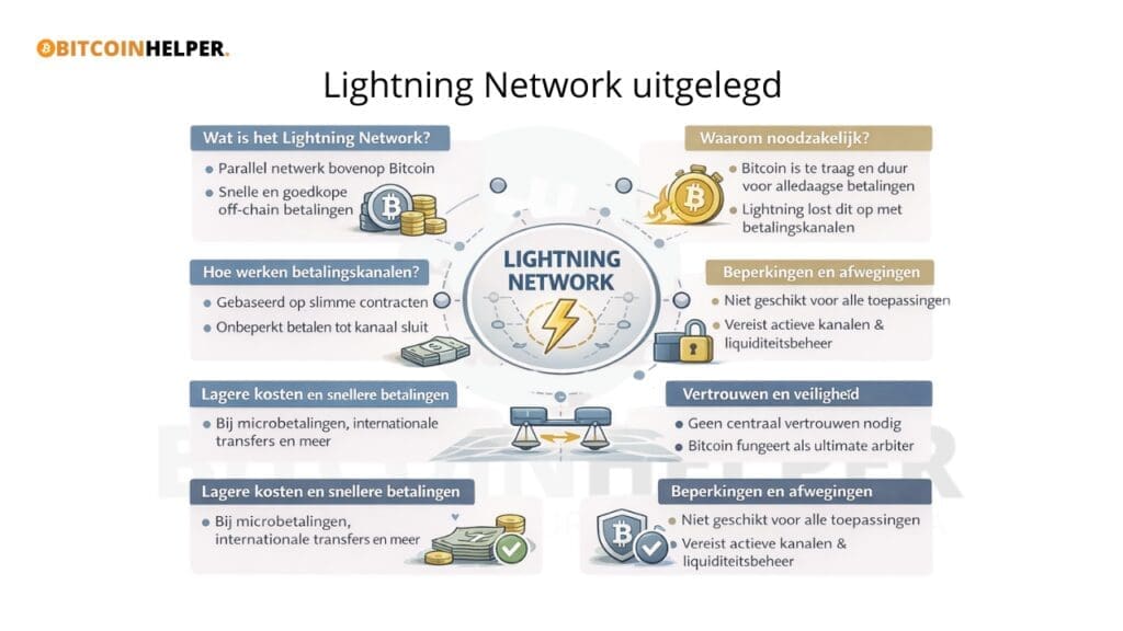 Infographic die uitlegt hoe het Lightning Network Bitcoin schaalbaar maakt door snelle en goedkope betalingen via off-chain betalingskanalen, terwijl veiligheid en afwikkeling op de Bitcoin-blockchain behouden blijven.