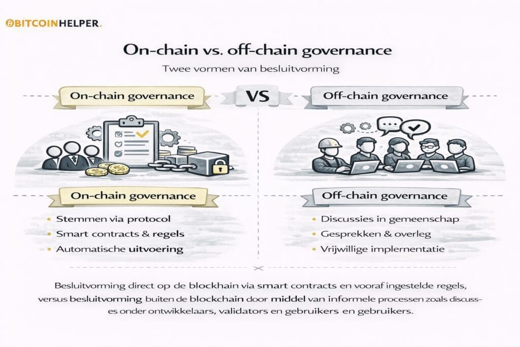 Zwart-witte landscape infographic van Bitcoinhelper die on-chain en off-chain governance vergelijkt, met links on-chain governance via protocolregels, smart contracts en automatische uitvoering, en rechts off-chain governance via discussies, sociale consensus en vrijwillige implementatie buiten de blockchain.