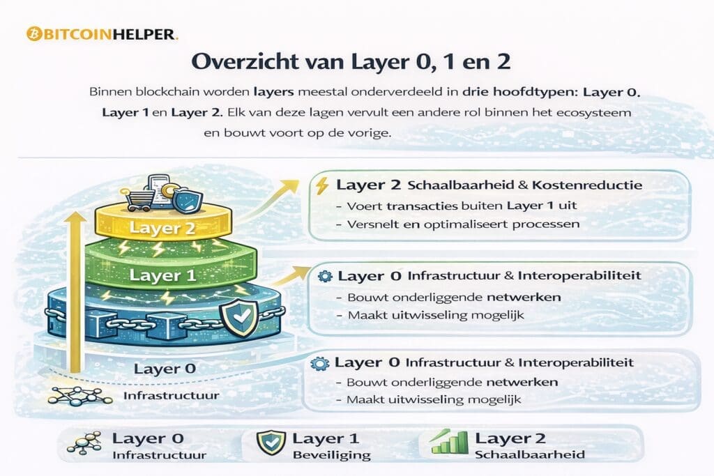 Infographic die het verschil en de samenhang uitlegt tussen Layer 0, Layer 1 en Layer 2 in blockchain, met hun rollen in infrastructuur en interoperabiliteit, beveiliging en consensus, en schaalbaarheid en kostenreductie.