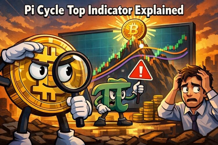Karikatuurillustratie van de Pi Cycle Top Indicator die een mogelijke Bitcoin marktcyclus en prijstop visualiseert