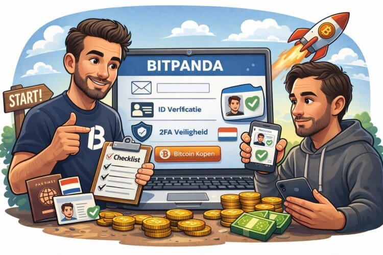Crypto karikatuur van een gebruiker die stap voor stap een Bitpanda account registreert op een laptop, met bitcoin-, euro- en beveiligingssymbolen