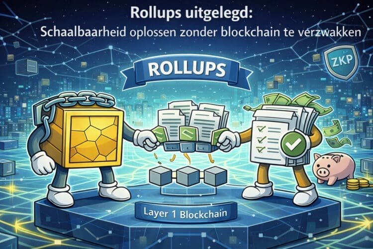 Crypto-karikatuur die laat zien hoe rollups transacties bundelen buiten de blockchain en deze veilig afwikkelen op Layer 1 voor schaalbaarheid zonder verlies van veiligheid.
