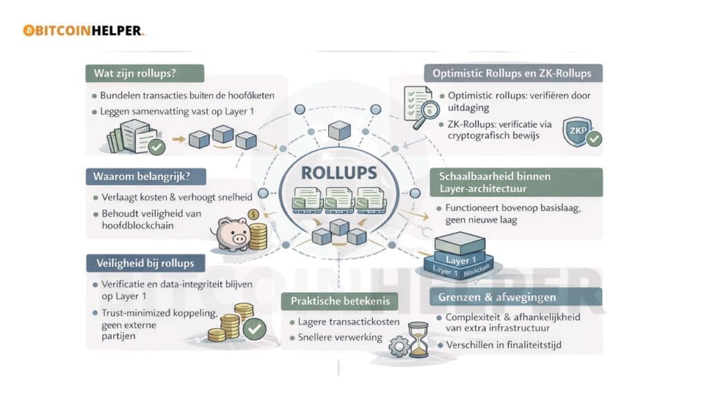 Infographic die uitlegt hoe rollups transacties buiten de blockchain verwerken, deze bundelen en veilig vastleggen op de basislaag om schaalbaarheid te vergroten zonder de veiligheid van het netwerk te verzwakken.