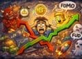 Crypto-karikatuur van een trader die worstelt met timing, emoties en marktbewegingen, met symbolen voor FOMO, FUD en prijsschommelingen