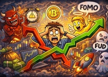 Crypto-karikatuur van een trader die worstelt met timing, emoties en marktbewegingen, met symbolen voor FOMO, FUD en prijsschommelingen