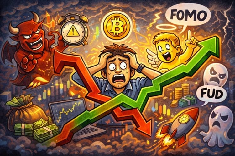 Crypto-karikatuur van een trader die worstelt met timing, emoties en marktbewegingen, met symbolen voor FOMO, FUD en prijsschommelingen