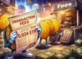 Karikatuur van blockchain transactiekosten waarbij crypto munten hoge fees betalen om een transactie te laten verwerken