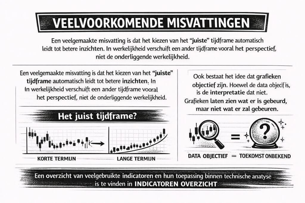 Zwart-witte infographic over veelvoorkomende misvattingen binnen technische analyse, waarin wordt uitgelegd dat het kiezen van een ander tijdframe vooral het perspectief verandert en dat grafieken wel objectieve data tonen, maar altijd subjectief worden geïnterpreteerd en geen voorspellingen doen.