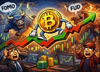 Crypto-karikatuur van bitcoinvolatiliteit met sterke koersschommelingen, een bull en bear, en beleggers die reageren op prijsbewegingen