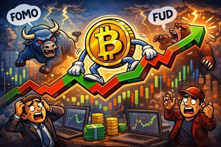 Crypto-karikatuur van bitcoinvolatiliteit met sterke koersschommelingen, een bull en bear, en beleggers die reageren op prijsbewegingen
