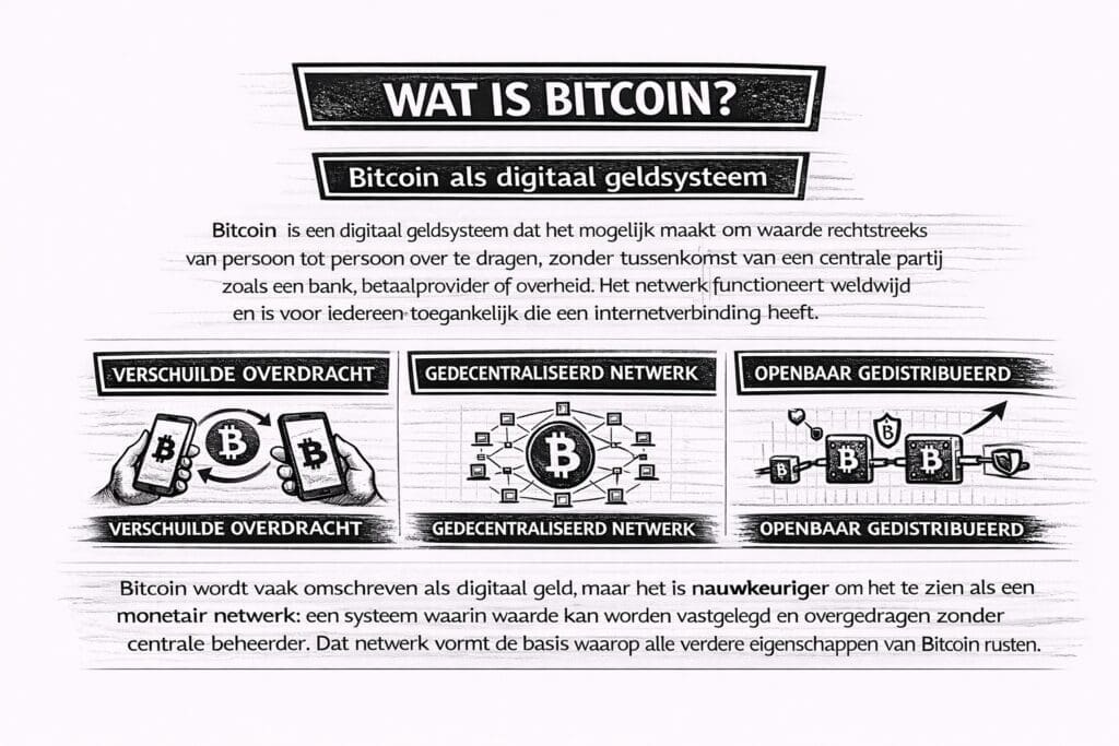 Zwart-witte infographic die uitlegt wat Bitcoin is als digitaal geldsysteem en monetair netwerk, waarmee waarde rechtstreeks van persoon tot persoon kan worden overgedragen zonder centrale partij, gebaseerd op een openbaar en gedecentraliseerd netwerk.