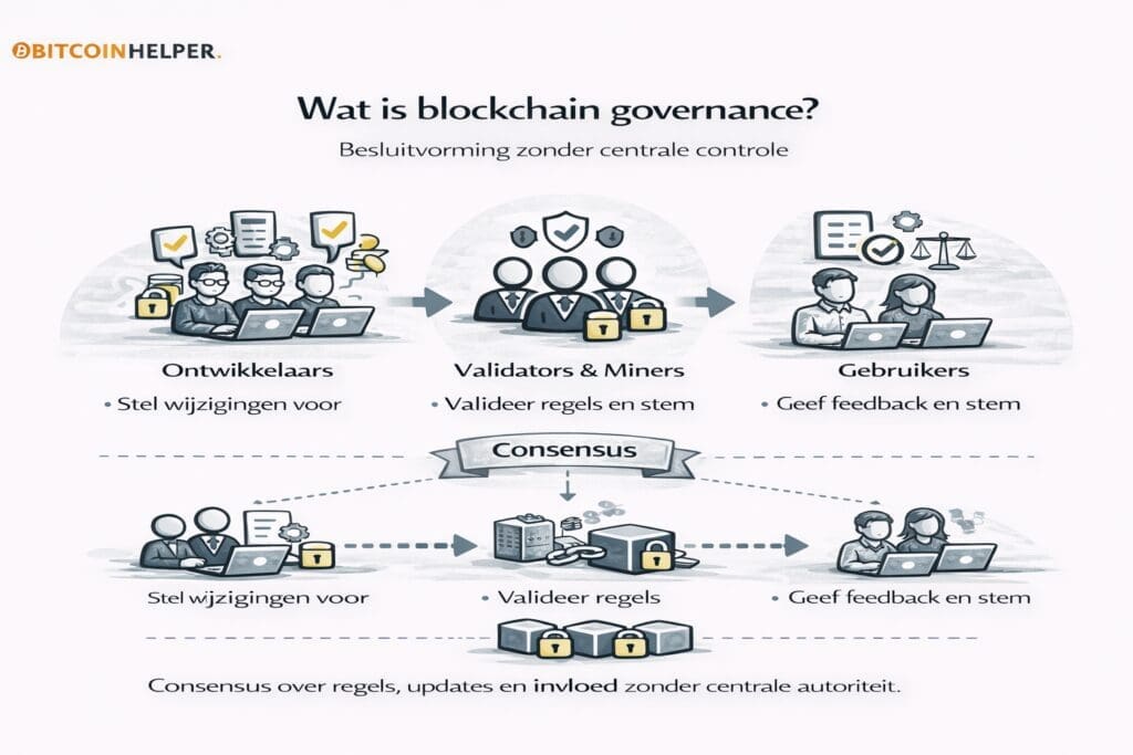Zwart-witte landscape infographic van Bitcoinhelper die uitlegt wat blockchain governance is, met een visuele weergave van besluitvorming binnen een gedecentraliseerd netwerk van ontwikkelaars, validators en gebruikers, en laat zien hoe regels, updates en machtsverhoudingen zonder centrale autoriteit worden georganiseerd.