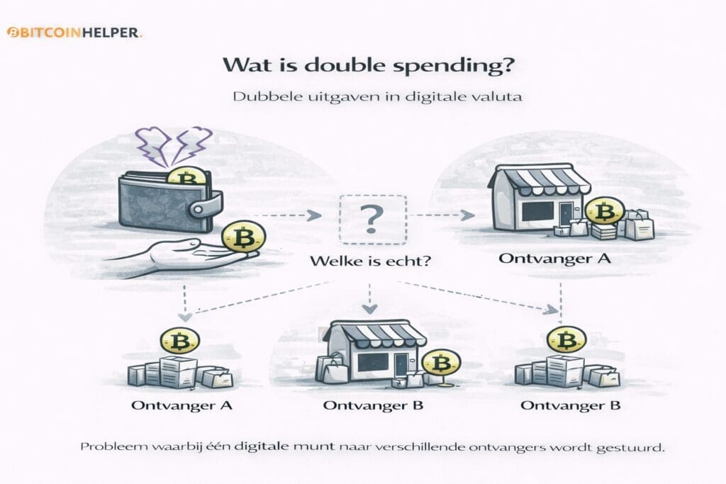 Zwart-witte landscape infographic van Bitcoinhelper die uitlegt wat double spending is, met een visuele weergave van één digitale munt die gelijktijdig naar meerdere ontvangers wordt gestuurd en de vraag welke transactie geldig is, waarmee het probleem van dubbele uitgaven in een gedecentraliseerd netwerk wordt geïllustreerd.