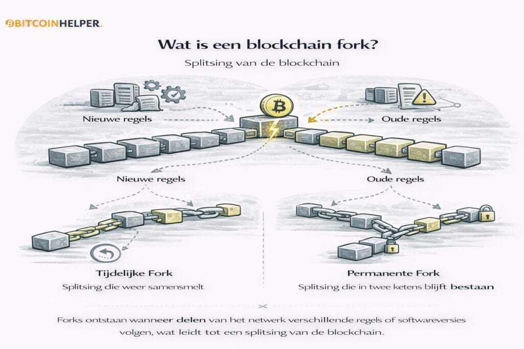Zwart-witte landscape infographic van Bitcoinhelper die uitlegt wat een blockchain fork is, met een visuele weergave van één blockchain die zich opsplitst in twee ketens door verschillende regels of softwareversies, en laat zien hoe tijdelijke en permanente forks ontstaan door veranderingen in consensus.