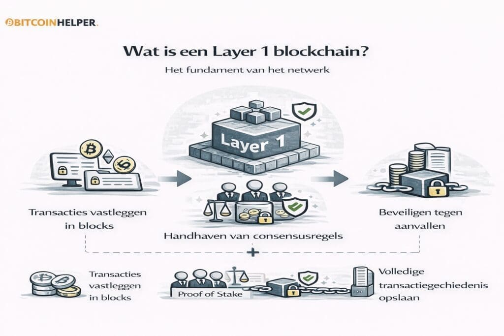 Zwart-witte landscape infographic van Bitcoinhelper die uitlegt wat een Layer 1 blockchain is, met een visuele weergave van de basislaag waarop transacties direct worden verwerkt, consensusregels worden gehandhaafd, het netwerk wordt beveiligd en de volledige transactiegeschiedenis wordt opgeslagen.