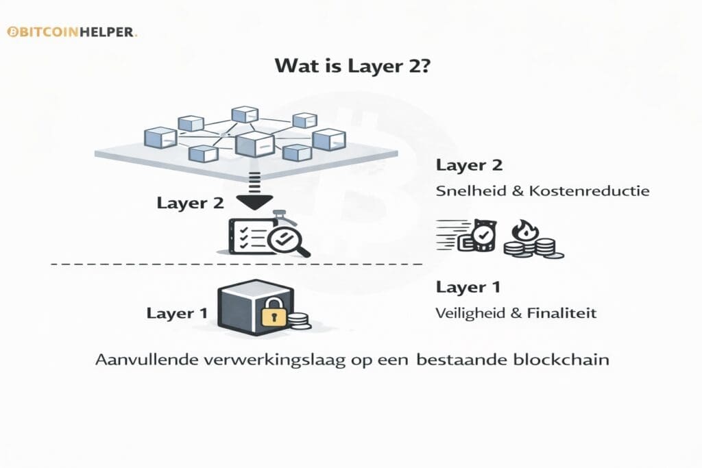 Zwart-witte landscape infographic van Bitcoinhelper die uitlegt wat Layer 2 is, met een visuele scheiding tussen Layer 1 (veiligheid en finaliteit) en Layer 2 (snelheid en kostenreductie), en laat zien hoe Layer 2 transacties buiten de hoofdlaag verwerkt terwijl de beveiliging op de onderliggende blockchain blijft steunen.