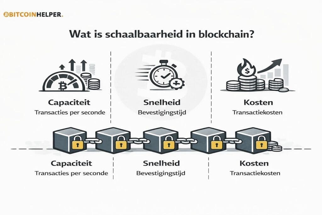 Zwart-witte landscape infographic van Bitcoinhelper die uitlegt wat schaalbaarheid in blockchain is, met drie kernaspecten: capaciteit (transacties per seconde), snelheid (bevestigingstijd) en kosten (transactiekosten), visueel weergegeven met iconen en een keten van blokken.