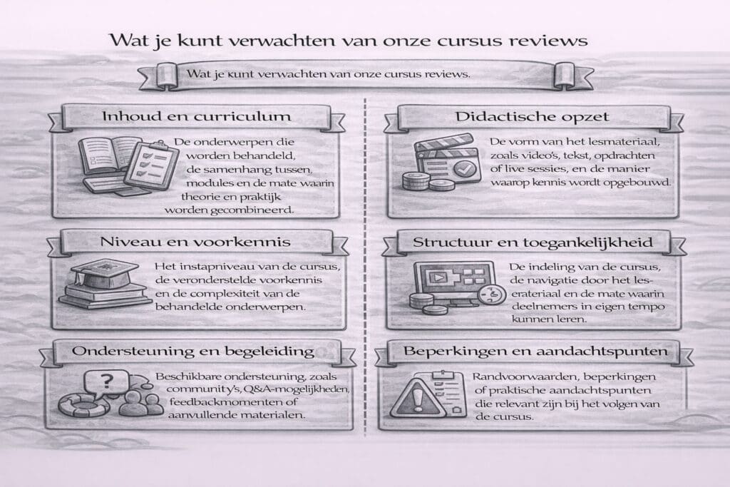 Zwart-witte landscape infographic die laat zien welke vaste beoordelingscriteria worden gebruikt in cryptocurrency cursus reviews, zoals inhoud en curriculum, didactische opzet, niveau, structuur, ondersteuning en aandachtspunten.